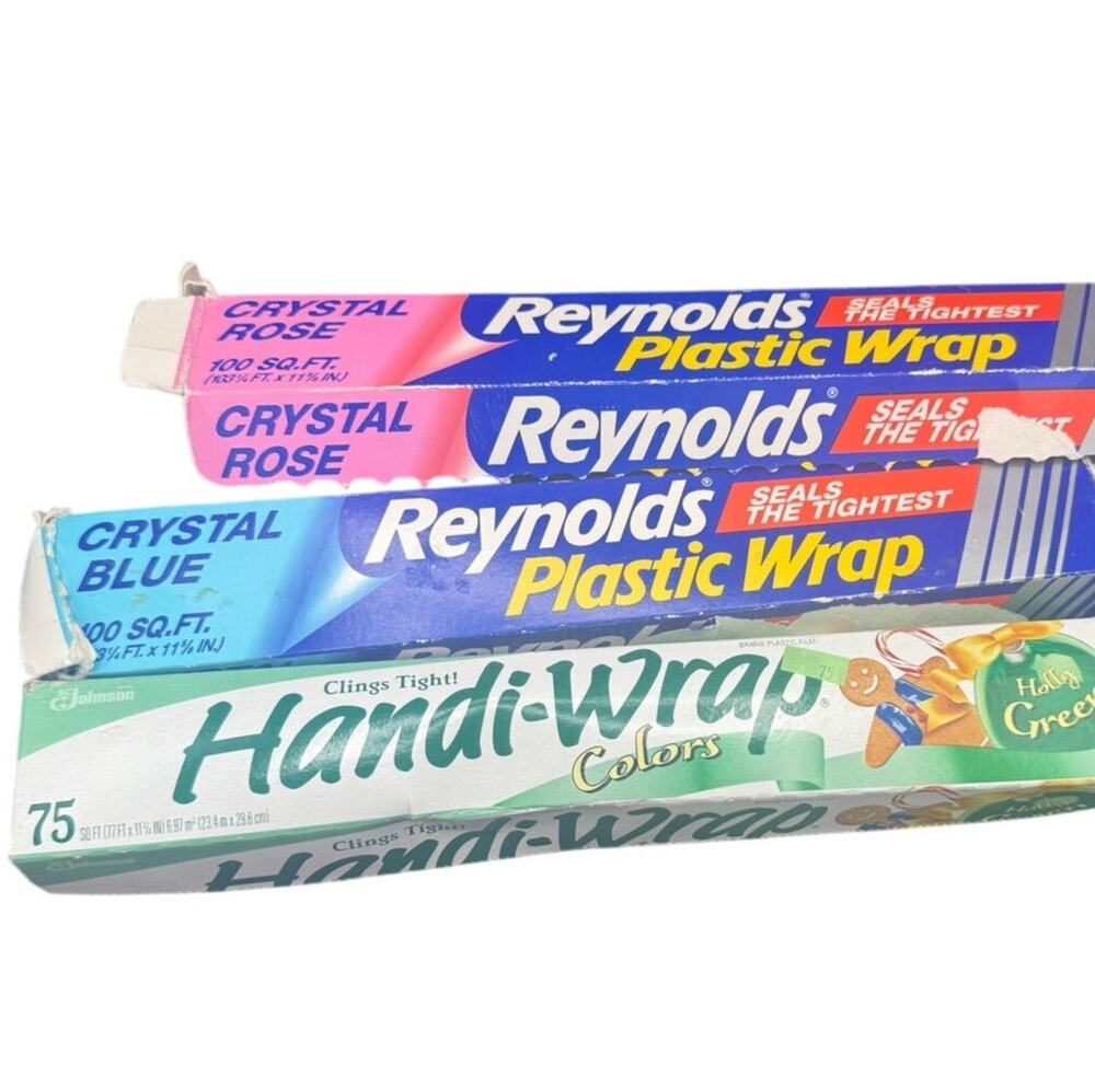 Vintage Reynolds Crystal Rose Blue Handi-Wrap Green Plastic Wrap Lot 3 USED